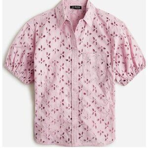 J.CREW Eyelet Garden Buttonn Down Shirt Top Womn 4 Pink Puff Sleeves Romantic